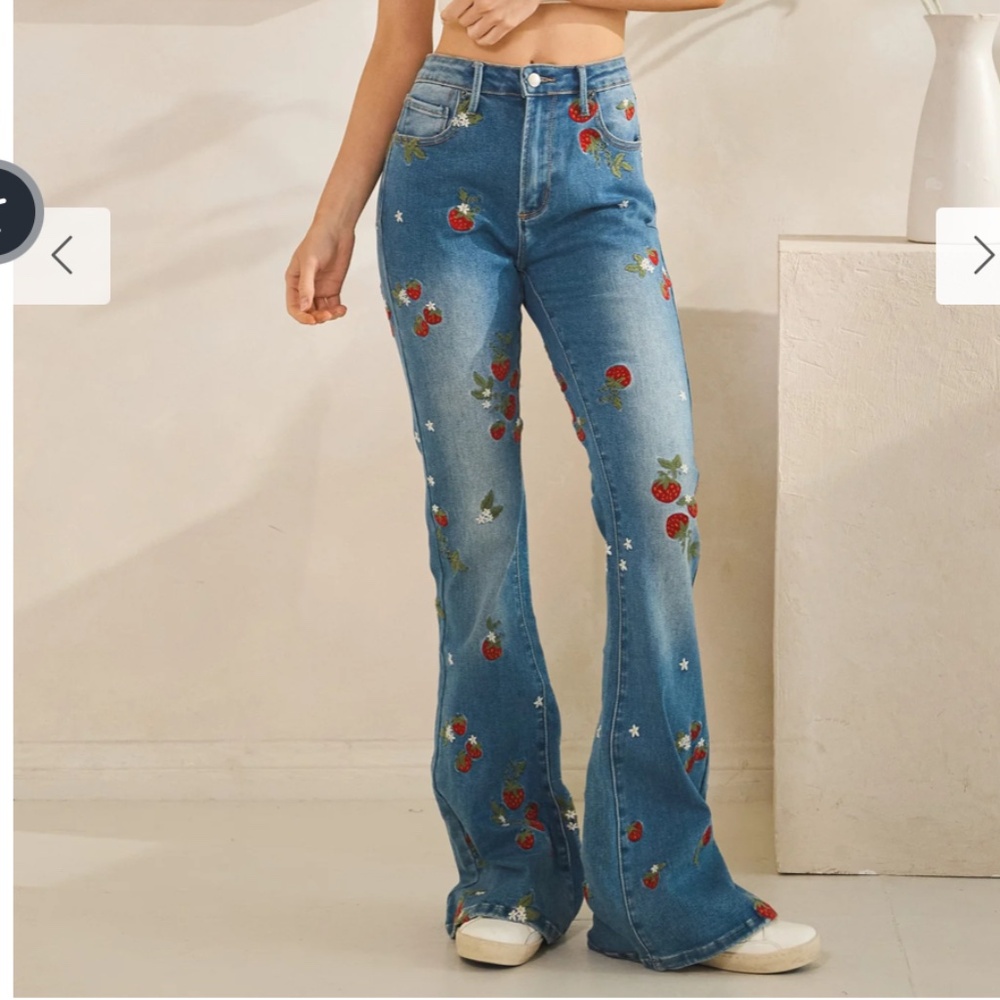 Blue Embroidered Strawberry Flare Jeans - Picture 3 of 9